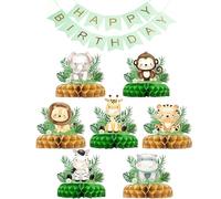 Mfqire Décoration de Table Anniversaire Enfant Jungle 8 Pièces - 7 Centres de Table en Papier Nid d’Abeille & 1 Guirlande Happy Birthday, Décoration Fête Garçon Fille