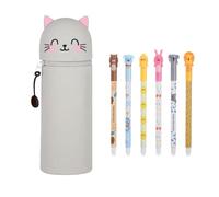 Mfqire Trousse Kawaii 2-en-1 en Silicone Animaux, éTui TéLescopique Debout, Porte-Stylo avec 6 Stylos Gel EffaçAbles, IdéE Cadeau pour Dolescents, aux Filles, à L'éCole, Bureau