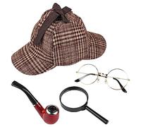 MFUOE Ensemble de 4 pièces de costume de détective avec chapeau de Deerstalker en verre grossissant Pipe victorien Sherlock Holmes Accessoire de déguisement pour Halloween Accessoires de fête