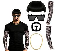MFUOE Final Boss Meme Costume Set Big Boss Noir Coupe Bol Perruque Lunettes de Soleil Chaîne Dorée Moustache Tatouage Manches pour Carnaval Fête Festivals Événements à Thème
