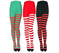 MFUOE Lot de 3 paires de collants de Noël rayés en polyester pour femme, Rouge, vert, blanc, noir, Taille unique