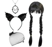 MFUOE Lot de 4 accessoires de déguisement Mercredi - Perruque, collier, filet à cheveux - Oreilles de chat - Accessoire de déguisement pour Halloween, fête costumée