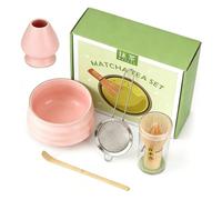 MFUSUL 5 Pièces Matcha Kit, Accessoires Matcha pour la Cérémonie du Thé, Ensemble de fouet à Matcha avec Bol à Matcha en Bambou, Cuillère, Tamis Inox, Support Chasen et Cuillère Matcha