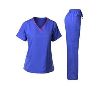 MFWHEFJ Tenue Infirmiere Ensemble de Gommage d'infirmière for Femmes, col en v, Manches Courtes, Pantalon Long, vêtements Travail Professionnels Confortables et médicaux(Royal Blue,L)