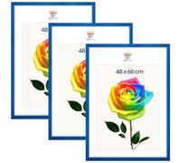 MG Design Lot de 3 Cadres photo 48 x 68 cm - Cadres en bois Bleu avec verres acryliques incassables, portrait & paysage, avec fixation murale