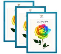 MG Design Lot de 3 Cadres photo A3 29,7 x 42 cm - Cadres en bois Turquoise avec verres acryliques incassables, portrait & paysage, avec fixation murale