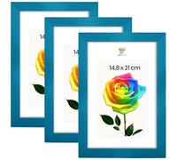 MG Design Lot de 3 Cadres photo A5 14,8 x 21 cm - Cadres en bois Turquoise avec verres acryliques incassables, portrait & paysage, à accrocher et à poser