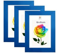 MG Design Lot de 3 Cadres photo A6 10 x 15 cm - Cadres en bois Bleu avec verres acryliques incassables, portrait & paysage, à accrocher et à poser