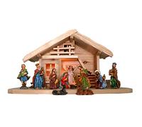 mgc24 Crèche de Noël en bois avec 11 figurines peintes à la main et éclairage LED