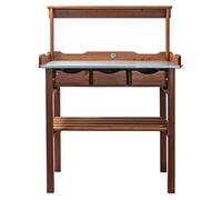 mgc24® Table de plantation galvanisée 78x38x112 cm pin foncé, étagère, 3 tiroirs, 3 crochets, barre sup., jardin/balcon/terrasse