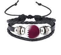MGDIFYXAA Bracelet Réglable Tressé Noir Avec Drapeau Du Qatar Pour Homme Et Femme - Bracelet Tendance Fait Main En Cuir Multicouche Et Perles Noires De 18 Mm