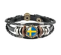 MGDIFYXAA Bracelet Tressé Avec Drapeau Suédois, Bracelet Réglable En Cuir Tressé Multicouche Avec Perles, Drapeau National, Accessoires De Bijoux Pour Hommes Et Femmes, Noir, 1, 18 Mm