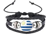 MGDIFYXAA Bracelet Tressé Noir Ajustable Avec Drapeau De L'Uruguay Pour Homme Et Femme - Bracelet Tendance Fait Main En Cuir Multicouche Et Perles Noires De 18 Mm