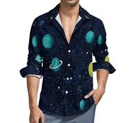 MGDIFYXAA Chemise Bleu Foncé Homme en Lin à Manches Longues Relevables Décontractée Ample, Chemise Planètes Spatiales Boutonnée Homme pour Été Plage avec Poche de Poitrine L