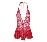 MGDIFYXAA Chemise De Nuit Femme - Femmes Dentelle Sexy Pyjamas Robes Chemises De Nuit sous-Vêtements Mince Voir À Travers La Gaze Confortable Chemise De Nuit D'Été, Rouge, L