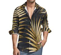 MGDIFYXAA Chemise Gris Foncé Homme en Lin à Manches Longues Relevables Décontractée Ample, Chemise Feuilles De Palmier Dorées Boutonnée Homme pour Été Plage avec Poche de Poitrine XXL