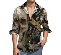 MGDIFYXAA Chemise Noir Homme en Lin à Manches Longues Relevables Décontractée Ample, Chemise Crâne Végétal Rétro Boutonnée Homme pour Été Plage avec Poche de Poitrine L