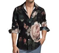 MGDIFYXAA Chemise Noir Homme en Lin à Manches Longues Relevables Décontractée Ample, Chemise Rose Papillon De Rêve Boutonnée Homme pour Été Plage avec Poche de Poitrine 6XL