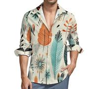 MGDIFYXAA Chemises en Lin Beige pour Homme Manches Longues Décontractée Boutonnées Légères Été Chemise Coupe Régulière de Plage Casual Shirts avec Poche,Plumes Modernes Élégantes 5XL