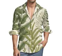 MGDIFYXAA Chemises en Lin Vert pour Homme Manches Longues Décontractée Boutonnées Légères Été Chemise Coupe Régulière de Plage Casual Shirts avec Poche,Fougères Rétro 4XL