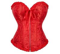 MGDIFYXAA Corset Top Overbust Femme en Satin Vintage avec Dentelle et Nœud Bustier à Fermeture Éclair Grande Taille Gaine Burlesque rouge 3XL