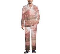 MGDIFYXAA Ensemble De Pyjama Rose pour Homme - Motif de Fleurs de Cerisier oniriques Léger Manches Longues 2 Pièces Vêtements De Nuit Pantalon Chemise Haut Sleepwear avec Boutonné M