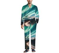 MGDIFYXAA Ensemble De Pyjama Vert pour Homme - Motif de Paysage de la forêt d'Aurora Léger Manches Longues 2 Pièces Vêtements De Nuit Pantalon Chemise Haut Sleepwear avec Boutonné XXL