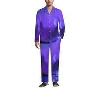 MGDIFYXAA Ensemble De Pyjama Violet pour Homme - Motif de Planète Fantastique Léger Manches Longues 2 Pièces Vêtements De Nuit Pantalon Chemise Haut Sleepwear avec Boutonné L