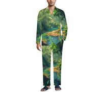 MGDIFYXAA Ensembles de Pyjamas Vert pour Hommes en Douce vêtements de Nuit Manches Longues boutonné Chemise à Pantalon Ensemble de vêtements de détente, Paysage de Jungle de Dessin animé,L