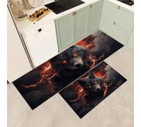 MGDIFYXAA Lot de 2 Tapis de Cuisine antidérapants et lavables Loup de Flamme, Anti-Fatigue, pour décoration de la Maison, Bureau Debout