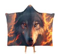 MGDIFYXAA Loup De Flamme Couverture à Capuche, Animaux Sauvages Sweats à Capuche Femme Portable, Peluche Couverture Douce et Confortable pour Adultes Intérieur Extérieur 150 × 200 cm