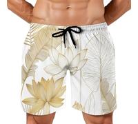 MGDIFYXAA Maillot de Bain Homme Imprimé Art de la Ligne Dorée, Short de Bain Extensible,Doublure en Maille, avec Poches et Cordon de Serrage, Short de Plage Feuilles de Lotus Été Piscine Surf XXL