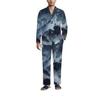 MGDIFYXAA Pyjama Bleu foncé Homme Hiver Ensembles de Pyjamas à Montagne enneigée Fantastique Classique Deux pièces boutonné Coton Long Vêtements de Nuit avec Poche XL