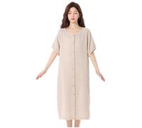 MGDIFYXAA Pyjama D'Été À Manches Courtes pour Femme, Style Mi-Long, Chemise De Nuit, Cardigan en Coton Fin Et Col Rond, Robe De Nuit Simple De Couleur Unie Abricot XL