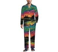 MGDIFYXAA Pyjama Vert Coton Homme Long Ensemble Boutonné - Paysage de forêt Fantastique Hauts Manches Longues et Pantalon pour Hommes Respirants Vêtements de Nuit Confortables XXL