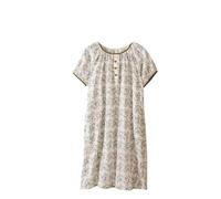 MGDIFYXAA Robe De Nuit À Col Rond Et Boutons pour Femme, Chemise De Nuit D'Été en Coton À Manches Courtes, Fine Et Ample, Douce, Longueur Genou Beige M