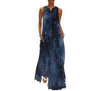 MGDIFYXAA Robe d'Été Femme Rêve, Robe de Plage Casual Col V, sans Manches, Longueur Genou Imprimé Ciel étoilé Ample avec Poches, Idéale pour Vacances, Plage et Été 4XL