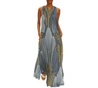 MGDIFYXAA Robe Été Femme Géométrie sans Manches Col en V Fluide Robe Débardeur Mi-Longue Longueur au Genou Robes de Plage Lignes de Feuilles de Palmier Décontractée avec Poches XL