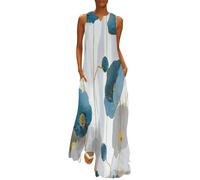 MGDIFYXAA Robe Été Femme Usine sans Manches Col en V Fluide Robe Débardeur Mi-Longue Longueur au Genou Robes de Plage Feuilles linéaires Décontractée avec Poches 4XL