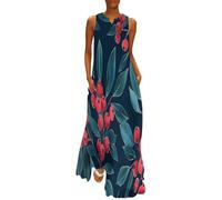MGDIFYXAA Robe Été Femme Usine sans Manches Col en V Fluide Robe Débardeur Mi-Longue Longueur au Genou Robes de Plage Feuilles de Baies Décontractée avec Poches 5XL