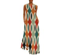 MGDIFYXAA Robe été Longue Abstrait Femme - sans Manches Décontracté Chic Imprimé Géométrie Robe Ample avec Poches pour Vacances, Plage, Look Estiva 3XL