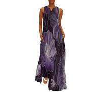 MGDIFYXAA Robe été Longue Dessin au Trait Femme - sans Manches Décontracté Chic Imprimé Fleur de la Ligne Argentée Robe Ample avec Poches pour Vacances, Plage, Look Estiva 5XL