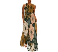 MGDIFYXAA Robe été Longue Fleurs rétro Femme - sans Manches Décontracté Chic Imprimé Fleurs Orange Robe Ample avec Poches pour Vacances, Plage, Look Estiva S