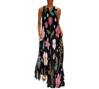 MGDIFYXAA Robe été Longue Plantes Simples Femme - sans Manches Décontracté Chic Imprimé Petites Fleurs et Herbe Robe Ample avec Poches pour Vacances, Plage, Look Estiva S