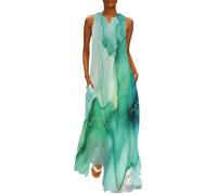 MGDIFYXAA Robe Grande Taille d'été Décontractée Femme - Imprimé Abstrait Col en V sans Manches Robe Longue Marbre à Encre Verte Ample et Confortable pour la Plage XXL
