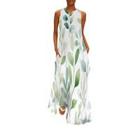 MGDIFYXAA Robe Grande Taille d'été Décontractée Femme - Imprimé Aquarelle Col en V sans Manches Robe Longue Plantes à Feuilles Vertes Ample et Confortable pour la Plage S