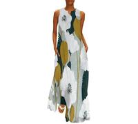MGDIFYXAA Robe Grande Taille d'été Décontractée Femme - Imprimé Plantes élégantes Col en V sans Manches Robe Longue Fleurs Blanches Ample et Confortable pour la Plage L