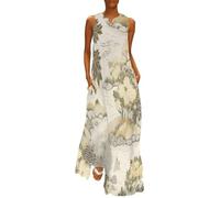 MGDIFYXAA Robe Longue de Jardin Japonais Femme - élégante Arbres Col en V sans Manches Décontractée Chic Maxi Robe avec Poches pour Vacances été 4XL