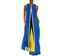 MGDIFYXAA Robe Longue Drapeau Femme été Chic élégante Grandes Tailles - Imprimé Drapeau de Sainte-Lucie sans Manches, Décontractée ou Soirée, Robe de Plage Respirante XL