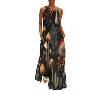 MGDIFYXAA Robe Maxi Femme Forêt de Champignons Chic, Robe d'Été Plantes rétro Longue et Fluide, sans Manches Coupe Ample Élégante, Idéale pour Soirée, Vacances et Plage XL